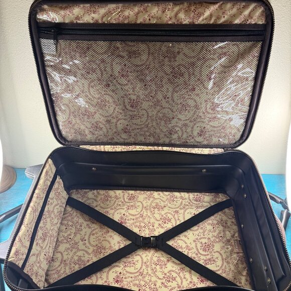 VTG Y2K ROXY Brown Corduroy Rolling Suitcase With Buckle Detail Zippers & Retrac - Picture 6 of 9